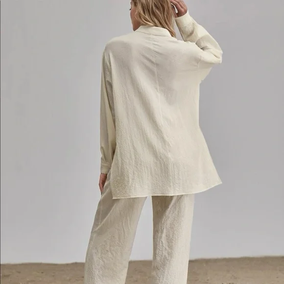 Shirt Pants 2 PC SET wide leg loose button collar spring summer womens cream - Picture 10 of 13